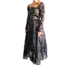 Oscar De La Renta Long Sleeve Illusion Neck Arabesque Embroidered A-Line US 4