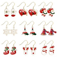 9 Pairs Christmas Santa Snowman Sock Hat Snowflake Drop Dangle Hook Earring Sets