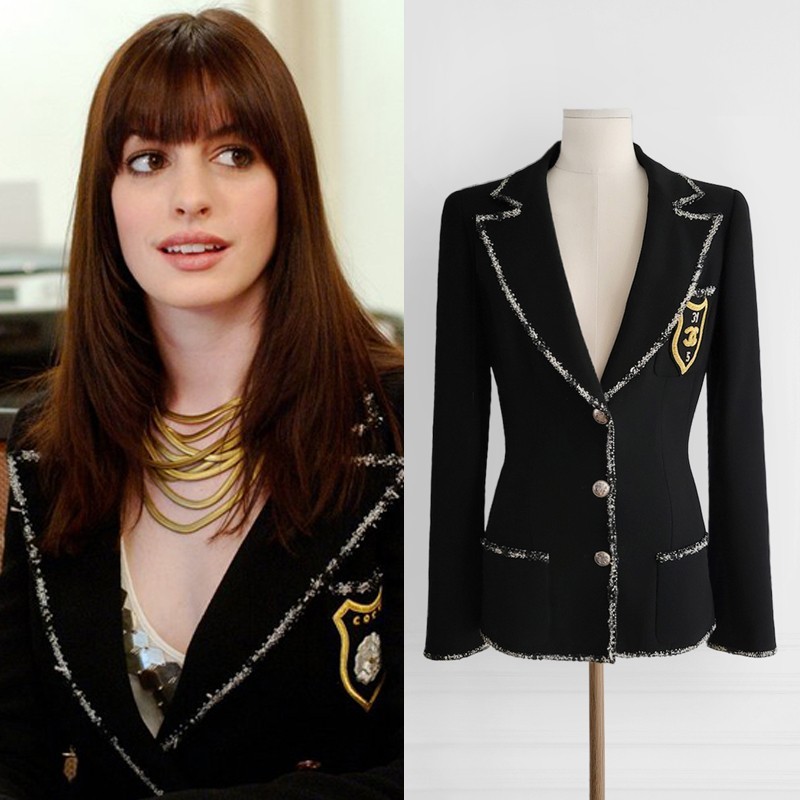 CHANEL 05C [DEVIL WEARS PRADA] VINTAGE BLACK WOOL CC PATCH JACKET FR38