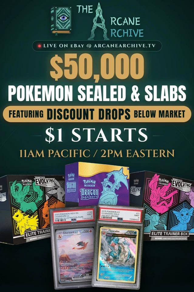 $50,000 Pokemon Sealed Auction! All $1 Starts Live from the Arcane Archive