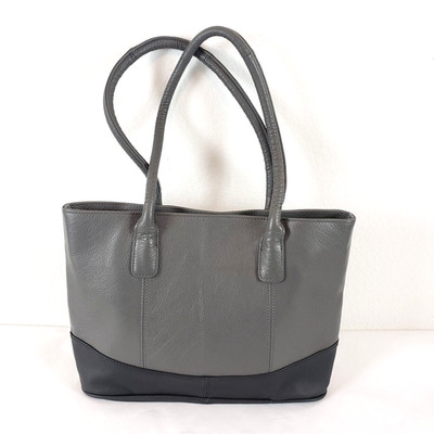 AMERI LEATHER Gray Black Colorblock Genuine Leather Tote Hobo Purse Handbag