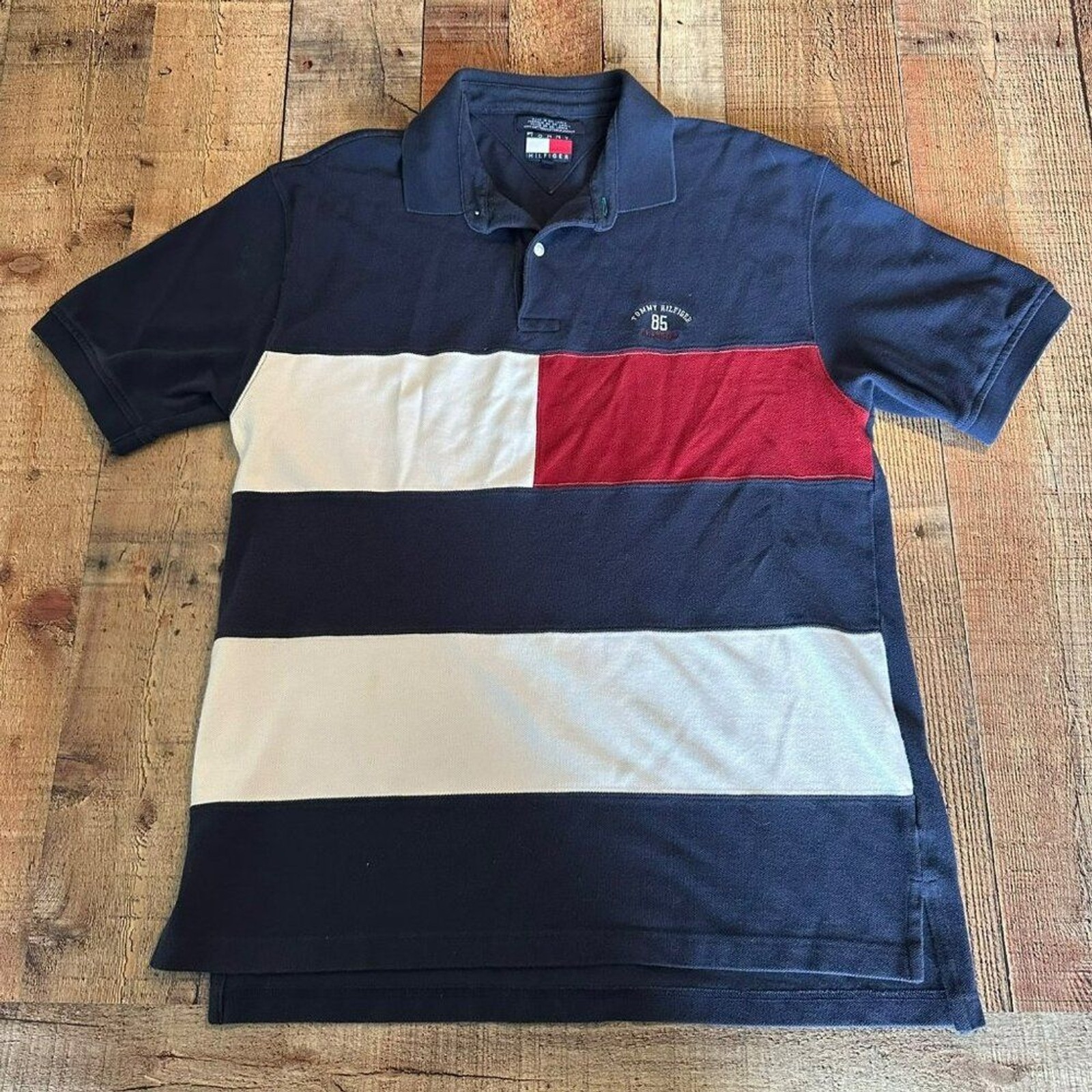 Vintage Tommy Hilfiger Mens Polo Shirt L Navy Red White 85 Classics Embroidered