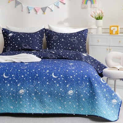 JSD Blue Stars Kids Quilt Set Full/Queen, 3 Piece Space Theme Boys Printed Bedsp