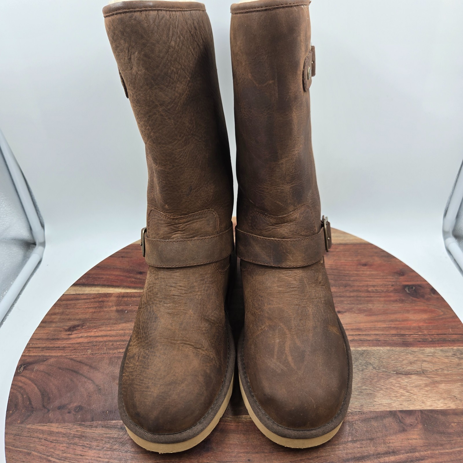 UGG Sutter Boots Women's 7 Brown Leather Shearling Lined Buckle Moto Biker Warm image 3