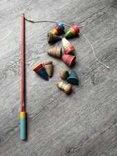 Vintage Holz-Kreiselspiel mit Kreiselpeitsche & Beutel