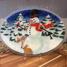 Peggy Karr Fused Glass 17” Signed Oval Platter Plate Snowman Christmas Holidays