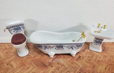 Dollhouse Bathroom Set White Blue Ceramic Tub Toilet Sink 1:12 Scale Miniature