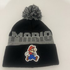 Nintendo Super Mario Beanie Hat Youth OSFM Black Gray Pom Pom Knit Mario