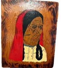 VINTAGE Folk Art Native American Woman Portrait Painting on Plywood Signed M.H.L