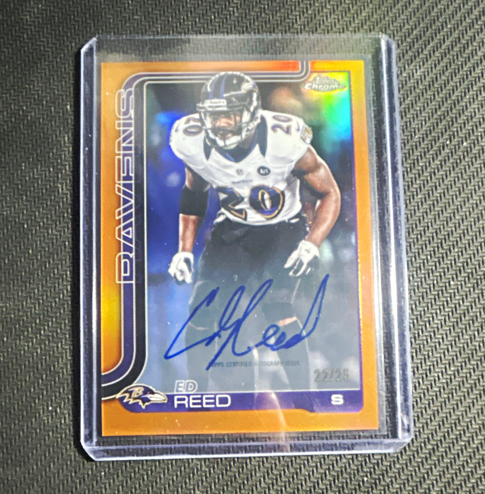 Topps 2025 Chrome Football Ed Reed Ravens Orange Refractor Auto CLA-ER /25