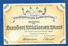 09 282 Notgeld Stadt Ludwigsburg 100 Millionen Mark, 1.10.1923