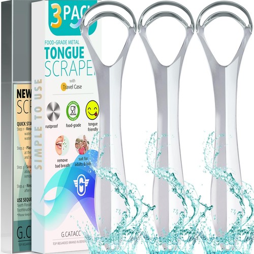 3-Pack Tongue Scraper for Adults & Kids, Metal Tongue Cleaner with Travel Cas...