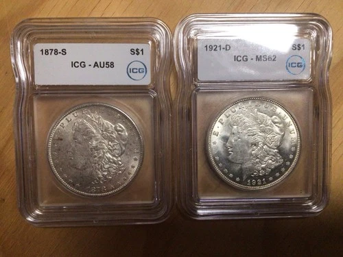 Lot of 2 ICG Graded Morgan Dollars 1878-S AU58 & 1921-D MS62  055