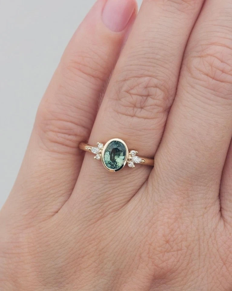 Green teal montana sapphire ring vintage teal sapphire ring Oval cut teal ring - Image 3 of 4