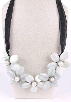 Blue Shell Floral Flower Freshwater Pearl Wired Black Ribbon Cora Necklace