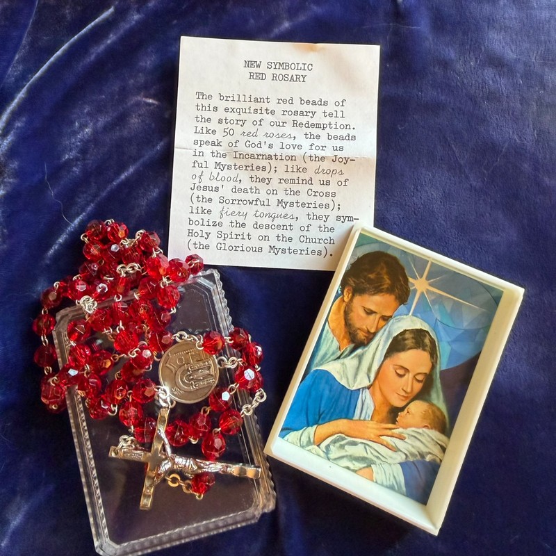 Vintage New Symbolic Red Glass Bead Rosary In Original Box