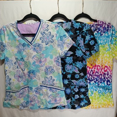 Lot Of Three Butter Soft Stretch Scrub Tops Double Pockets. Extra Small. Floral 