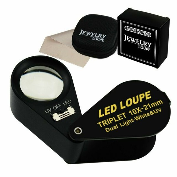 Jeweler Loupe 10x Magnification 21mm LED UV Light Triplet Lens