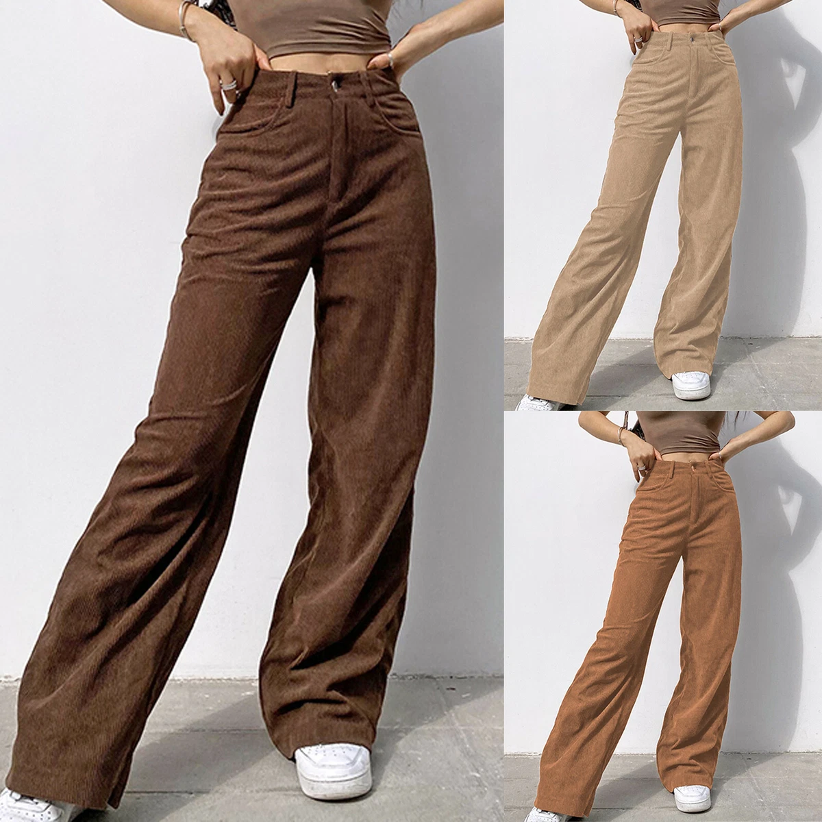 Women Corduroy Trousers Solid Wide-Leg Pants Straight Casual Lady