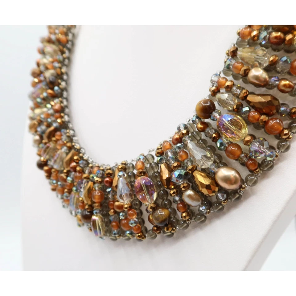 TALBOTS Caramel & Smoky Grey/Blue Beaded Collar Statement Necklace - Image 4 of 4