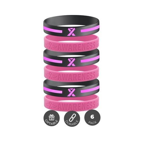 6-pack Breast Cancer Awareness Pink Ribbon Bracelets - Bulk Pack of 6 Silicon... - 第 1/5 張圖片