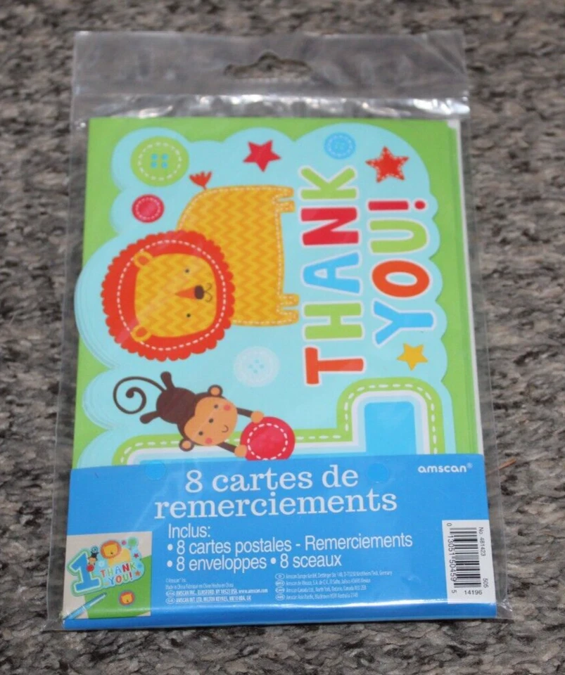 1er CUMPLEAÑOS NIÑOS FIESTA CUMPLEAÑOS TARJETAS DE AGRADECIMIENTO MONO LEÓN 8 UNIDADES Foto 4 de 4