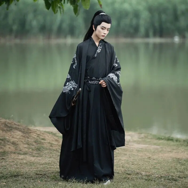 Chino Hanfu Hombres Carnaval Arqueros Disfraz Juegos con disfraces Camisa Negra + Falda + Abrigo Hombres