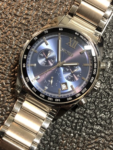 Men’s Skmei Watch Silver Tone Stainless Date Blue Dial Tachymeter Bezel New Bat - Picture 15 of 24