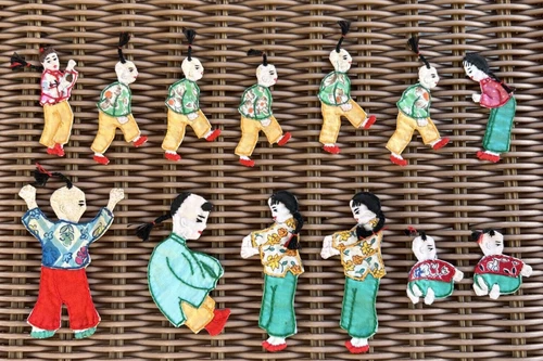 Vintage Fabric Asian Boy Girl People Flat Craft Sewing 13pcs Hand Made Hong Kong