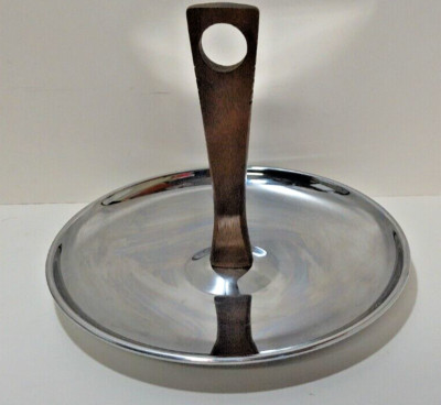 Vintage 1960s Kromex Chrome Serving Tray w/ Teak Handle