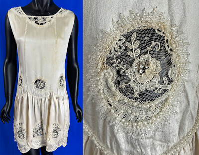 Vintage Point de Gaze Needle Lace White Silk Charmeuse Beaded Scallop Hem Dress
