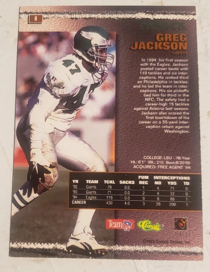 1995 Classic Pro Line #8 Greg Jackson S Philadelphia Eagles **40% OFF 2+ - Image 2 of 2