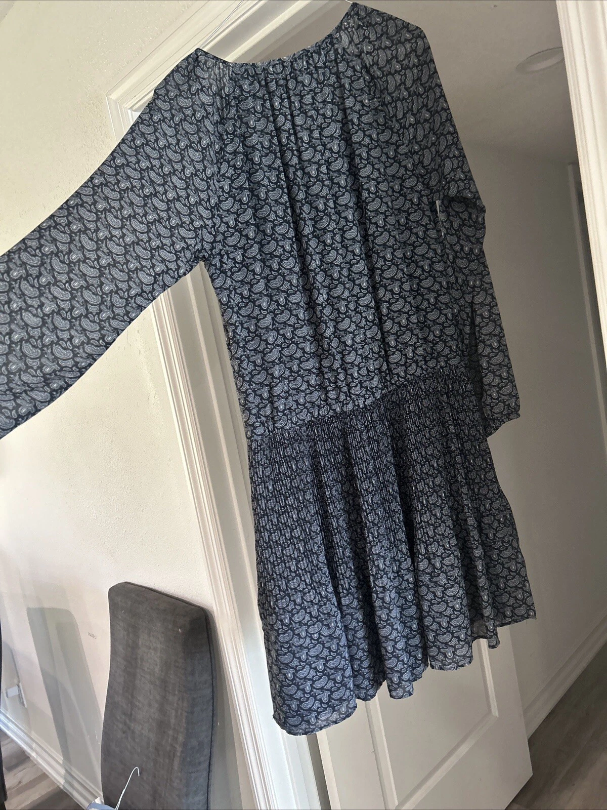 Abito Michael Michael Kors blu navy bianco paisley taglia M foderato scollo cravatta plissettato