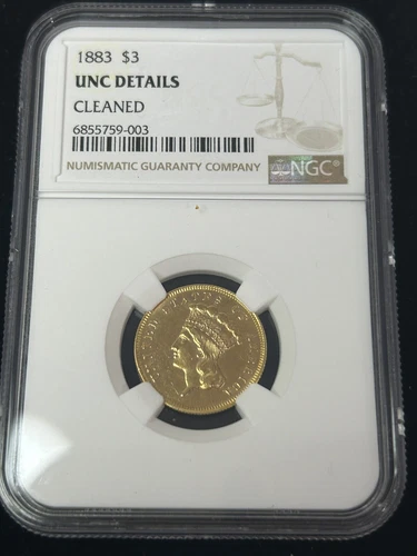 1883 $3 Gold Ngc Uncirculated Details Cleaned Looks PL Nice Rare Coin