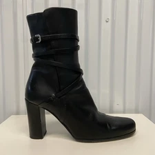 Jil Sander Black Leather Belted Ankle Wrap Block Heel Boots Women’s 37.5/US 7.5