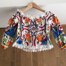 DOLCE & GABBANA Majolica Print Off Shoulder Blouse Lace Trim Italy Size 36