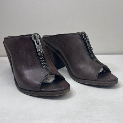Frye Izzy Womens Brown Leather Front Zip Moto Peep Toe Block Heel Mules 6