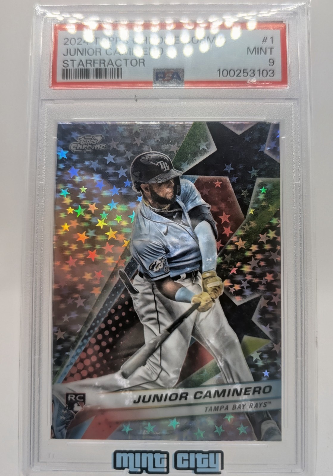2024 Topps Cosmic Chrome Junior Caminero Starfractor RC SP #SF-1 Rays PSA 9