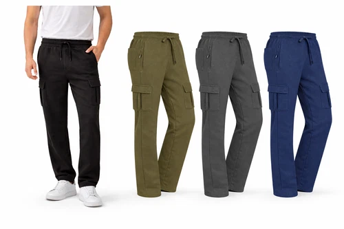 Mens Open Hem Cargo Joggers Fleece Bottom Elasticated Gym Sweatpants ZIP Pockets
