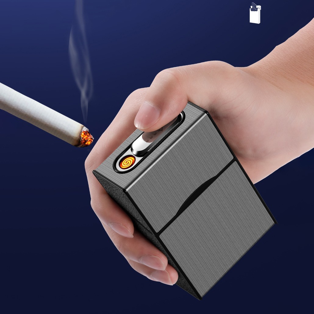 Cigarette Case Tobacco Box w/Windproof Electric Flameless Lighter Rechargeable