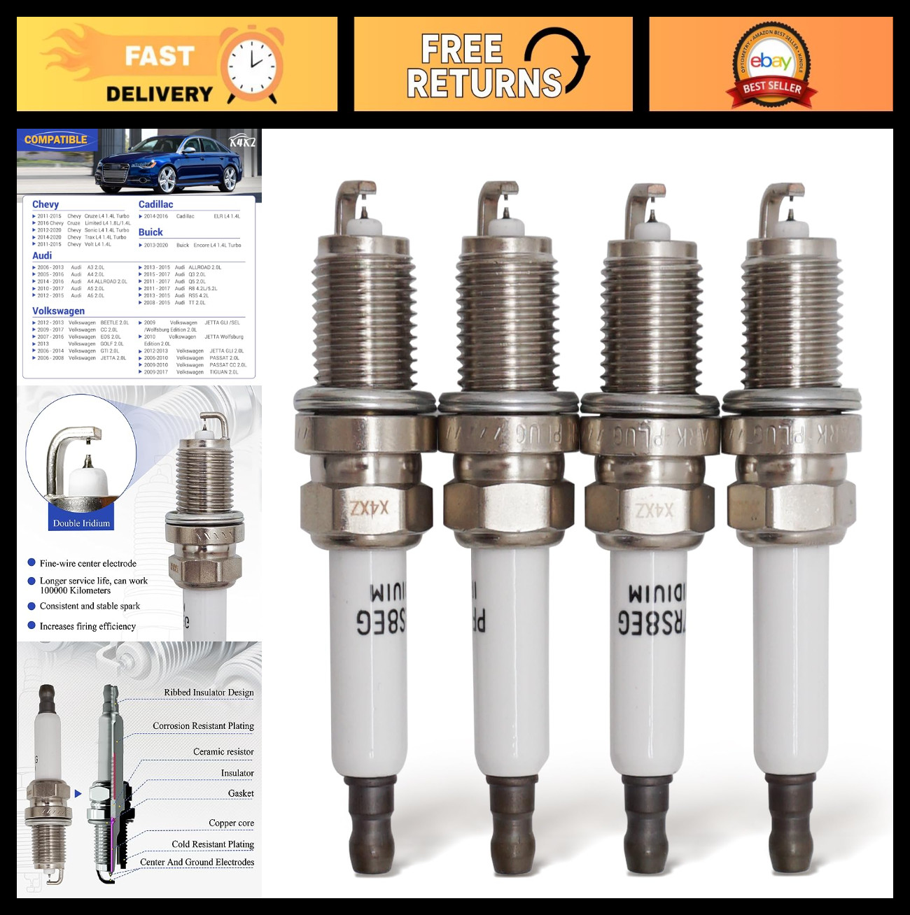 Double Iridium Spark Plugs for Audi VW Jetta Golf Passat Tiguan Chevy Cruze - Pa