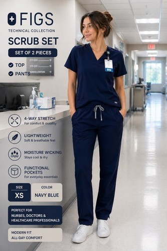 FIGS Scrubs Set XS Navy Blue Top & Pants Technical Collection Medical Uniform