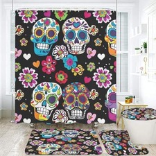 Sugar Skull Bathroom Shower Curtain Set, 4-Piece with Waterproof Shower