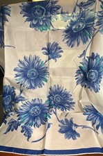 Vintage 100 Rayon Had Rolled Square Blue White Floral Scarf Japan