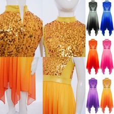 Kids Girls Dress Hem Dresses Metallic Dancewear Tunic Praise Shiny Worship Robe