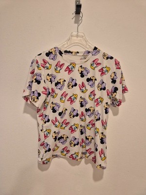 Disney T-Shirt Damen Minnie & Daisy Mouse All-Over Print Weiß Gr. M Vintage