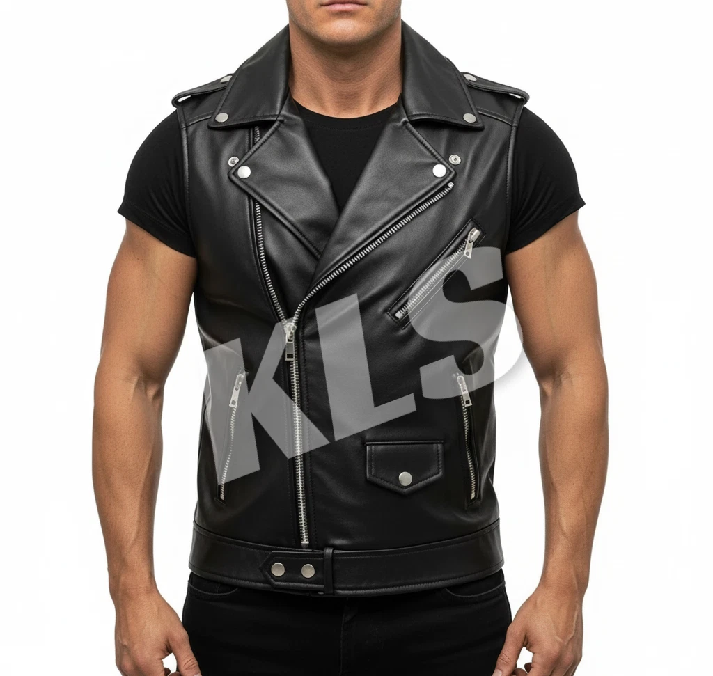 Men's Genuine Leather Biker Vest Handmade Sleeveless Motorcycle Jacket