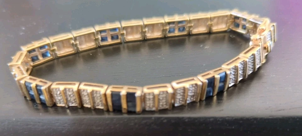 Brazalete Tenis Vintage Oro 925 Firmado Sobre Plata Esterlina Diamante Chip Zafiro Foto 4 de 4