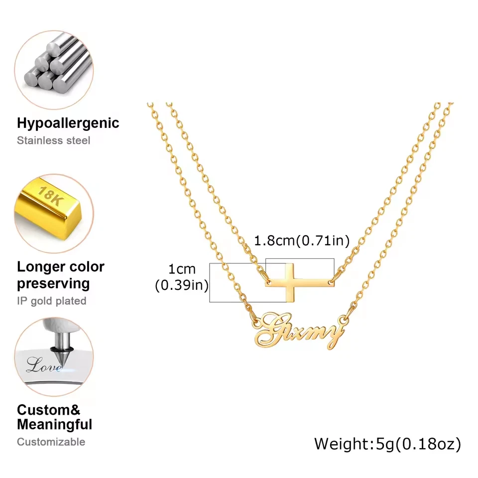 Collar Cruz Nombre Personalizado Doble Capa Cadena Colgante Joyería Acero Inoxidable Foto 4 de 4