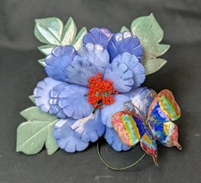 Vintage Hand Carved Green Blue Jade Flower Bouquet Cloisonne Butterfly Sculpture